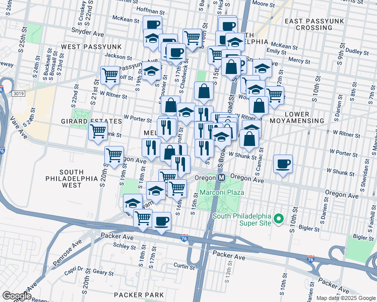 map of restaurants, bars, coffee shops, grocery stores, and more near 2608 South Mole Street in Philadelphia