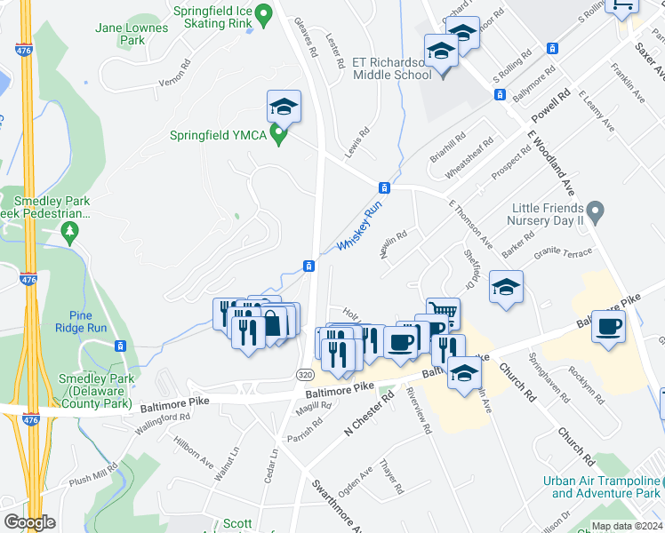 map of restaurants, bars, coffee shops, grocery stores, and more near in Broomall