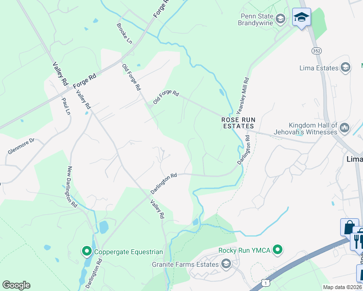 map of restaurants, bars, coffee shops, grocery stores, and more near 317 Darlington Road in Media