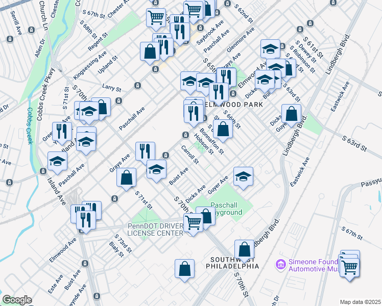 map of restaurants, bars, coffee shops, grocery stores, and more near 2541 Carroll Street in Philadelphia