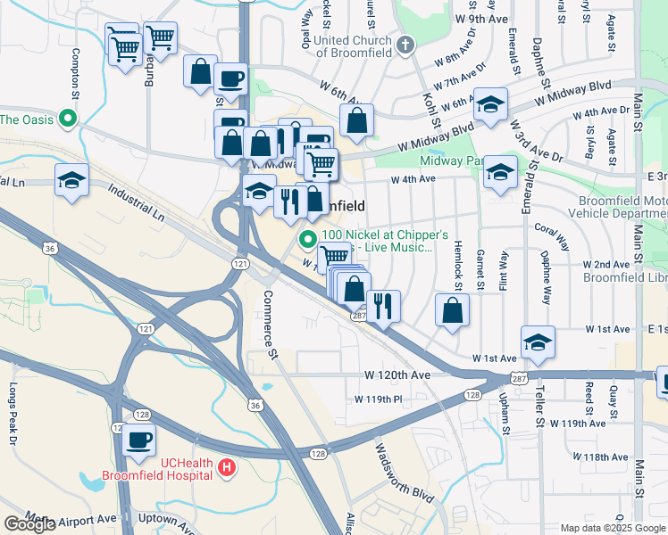 map of restaurants, bars, coffee shops, grocery stores, and more near 1500 West 1st Avenue in Broomfield