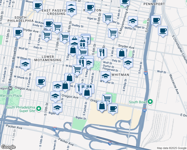 map of restaurants, bars, coffee shops, grocery stores, and more near 2427 South Fairhill Street in Philadelphia