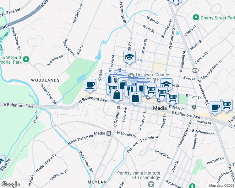 map of restaurants, bars, coffee shops, grocery stores, and more near 215 West Baker Street in Media