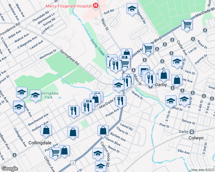 map of restaurants, bars, coffee shops, grocery stores, and more near 25 East Lynbrook Road in Collingdale