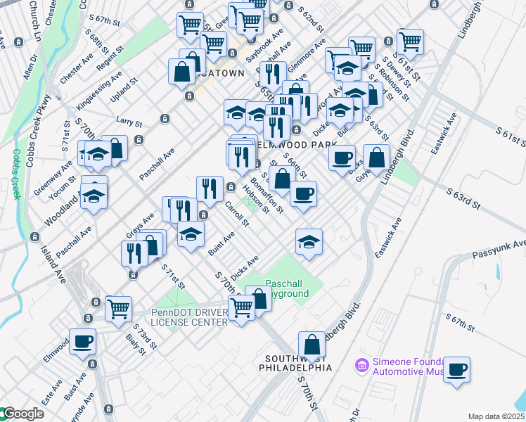 map of restaurants, bars, coffee shops, grocery stores, and more near 2604 Hobson Street in Philadelphia