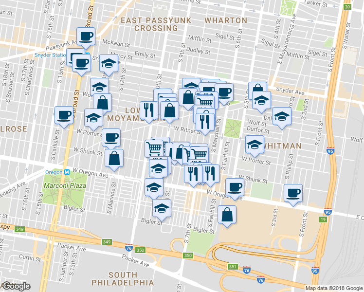 map of restaurants, bars, coffee shops, grocery stores, and more near 805 W Porter St in Philadelphia