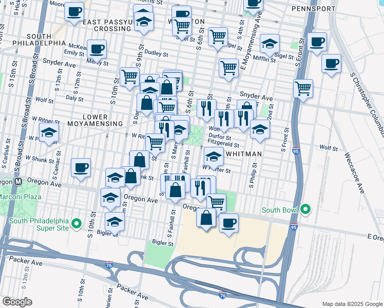 map of restaurants, bars, coffee shops, grocery stores, and more near 2422 South Reese Street in Philadelphia