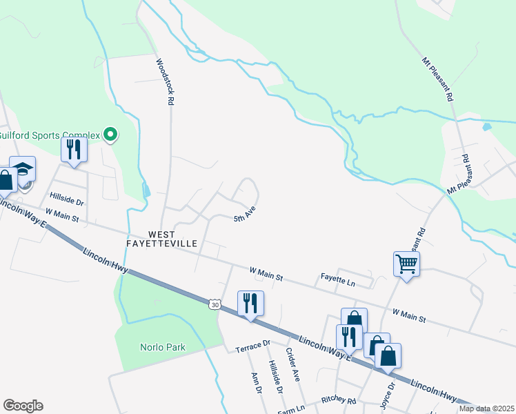 map of restaurants, bars, coffee shops, grocery stores, and more near 66 5th Avenue in Fayetteville