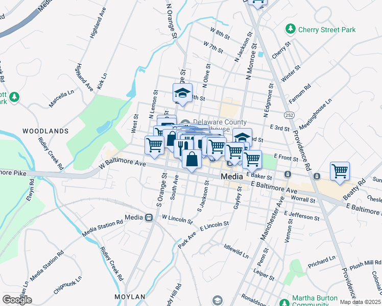 map of restaurants, bars, coffee shops, grocery stores, and more near 34 West State Street in Media