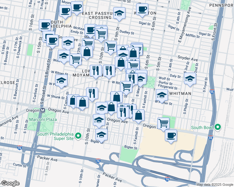 map of restaurants, bars, coffee shops, grocery stores, and more near 805 W Porter St in Philadelphia