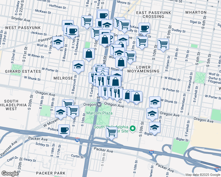 map of restaurants, bars, coffee shops, grocery stores, and more near 2542 South Clarion Street in Philadelphia
