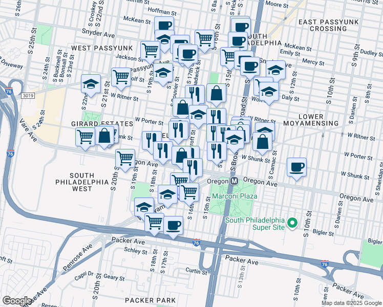 map of restaurants, bars, coffee shops, grocery stores, and more near 2613 South Bancroft Street in Philadelphia