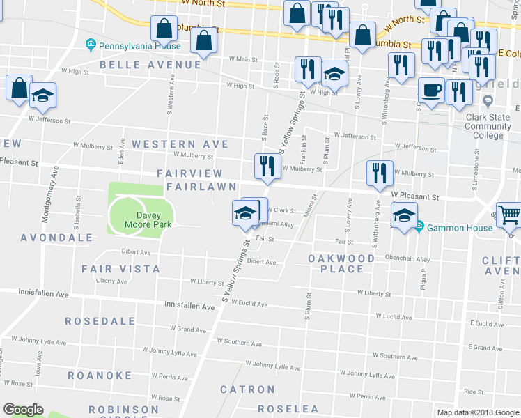 map of restaurants, bars, coffee shops, grocery stores, and more near 600 South Yellow Springs Street in Springfield