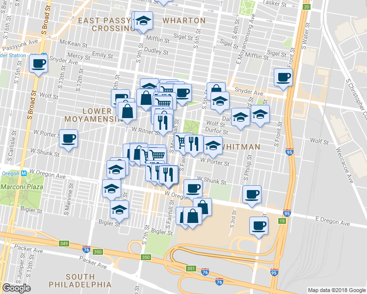 map of restaurants, bars, coffee shops, grocery stores, and more near 2426 South Fairhill Street in Philadelphia