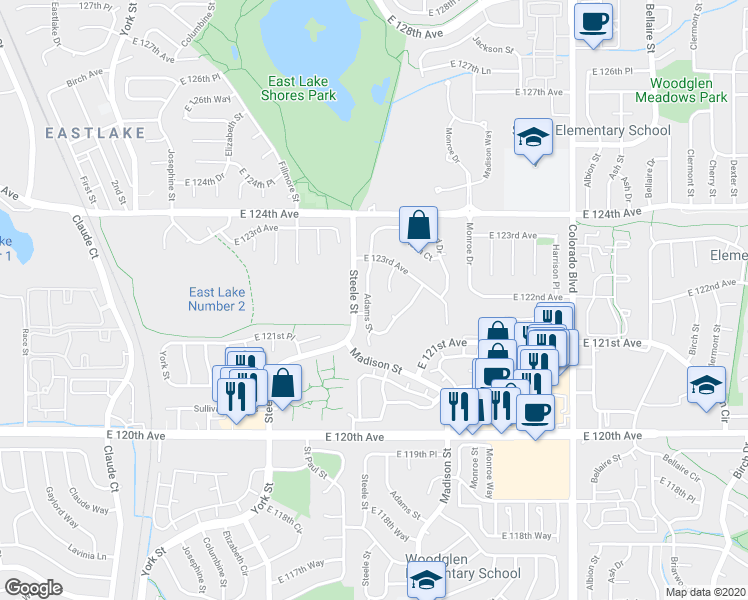 map of restaurants, bars, coffee shops, grocery stores, and more near 12215 Adams Street in Thornton