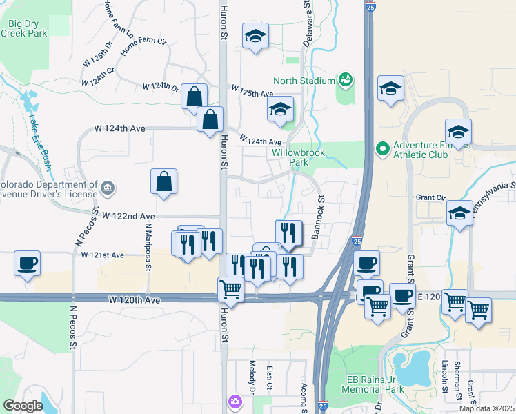 map of restaurants, bars, coffee shops, grocery stores, and more near 12180 Melody Drive in Westminster
