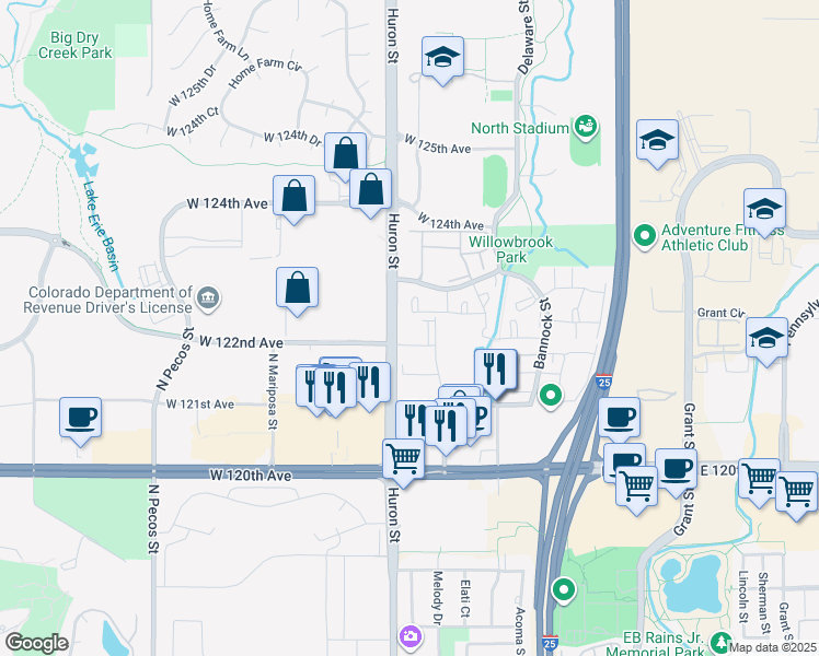map of restaurants, bars, coffee shops, grocery stores, and more near 12173 Melody Drive in Westminster