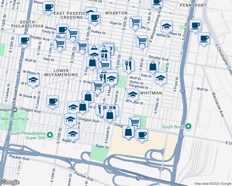 map of restaurants, bars, coffee shops, grocery stores, and more near 2426 South Fairhill Street in Philadelphia