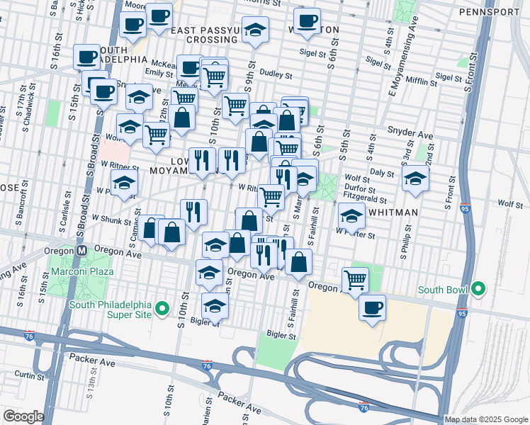 map of restaurants, bars, coffee shops, grocery stores, and more near 730 West Porter Street in Philadelphia