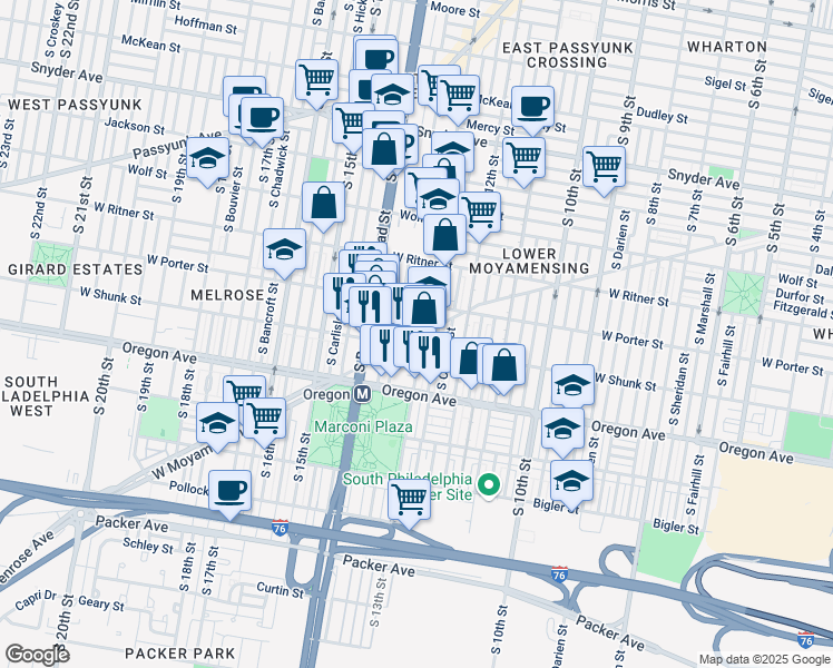 map of restaurants, bars, coffee shops, grocery stores, and more near 1311 West Moyamensing Avenue in Philadelphia