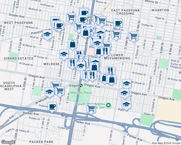 map of restaurants, bars, coffee shops, grocery stores, and more near 1311 West Moyamensing Avenue in Philadelphia