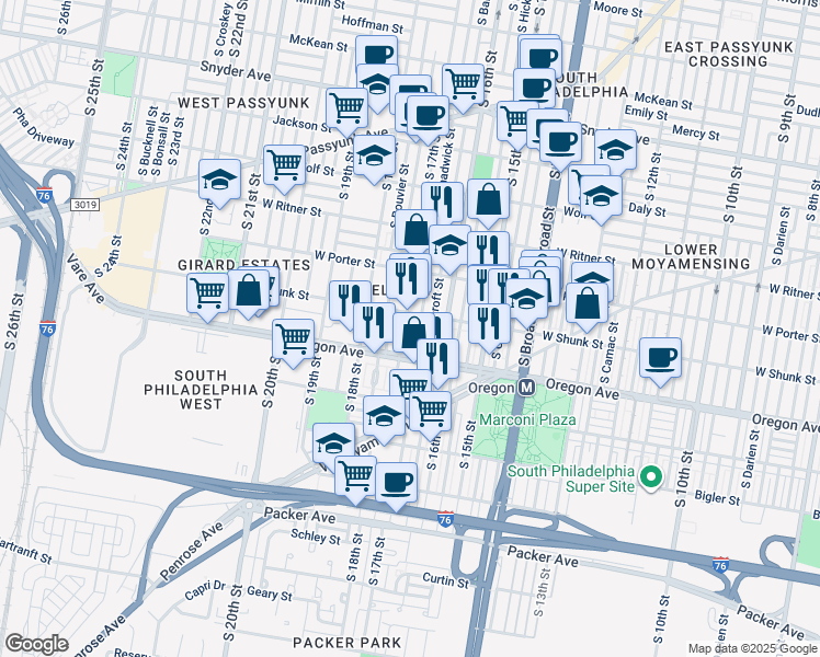 map of restaurants, bars, coffee shops, grocery stores, and more near 2617 South 17th Street in Philadelphia