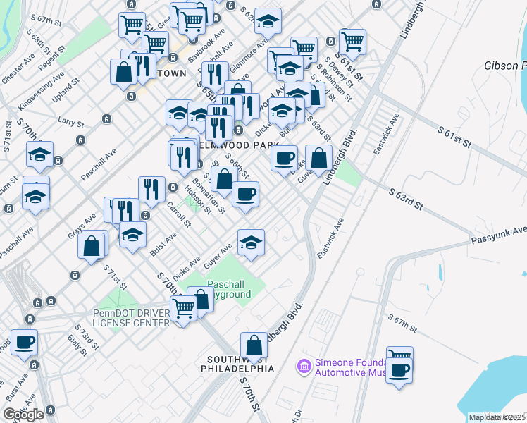 map of restaurants, bars, coffee shops, grocery stores, and more near 6643 Guyer Avenue in Philadelphia