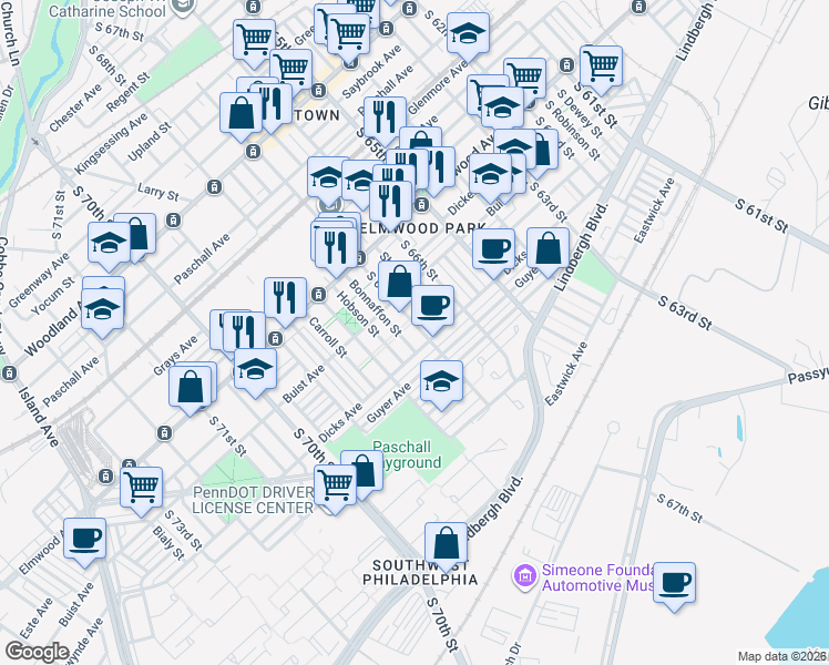 map of restaurants, bars, coffee shops, grocery stores, and more near 2645 Bonnaffon Street in Philadelphia