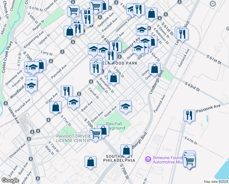 map of restaurants, bars, coffee shops, grocery stores, and more near 2648 Bonnaffon Street in Philadelphia