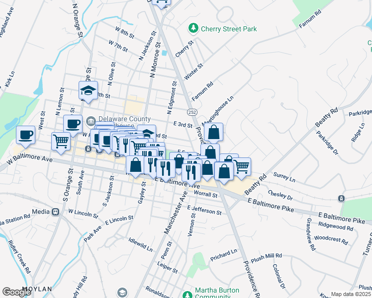map of restaurants, bars, coffee shops, grocery stores, and more near 239 East Front Street in Media