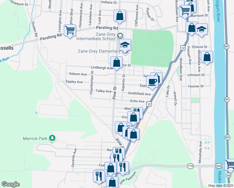 map of restaurants, bars, coffee shops, grocery stores, and more near 1359 Pine Street in Zanesville