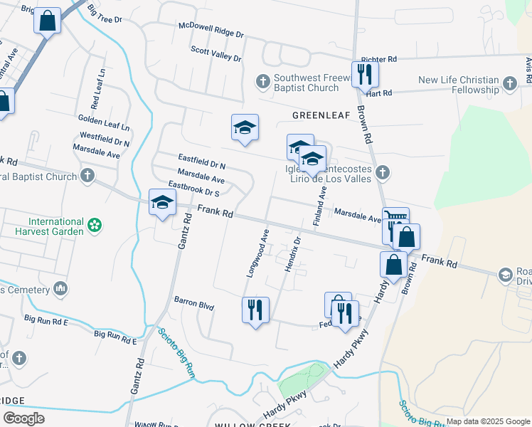 map of restaurants, bars, coffee shops, grocery stores, and more near 1590 Frank Road in Columbus