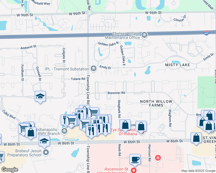 map of restaurants, bars, coffee shops, grocery stores, and more near 2220 Brewster Road in Indianapolis