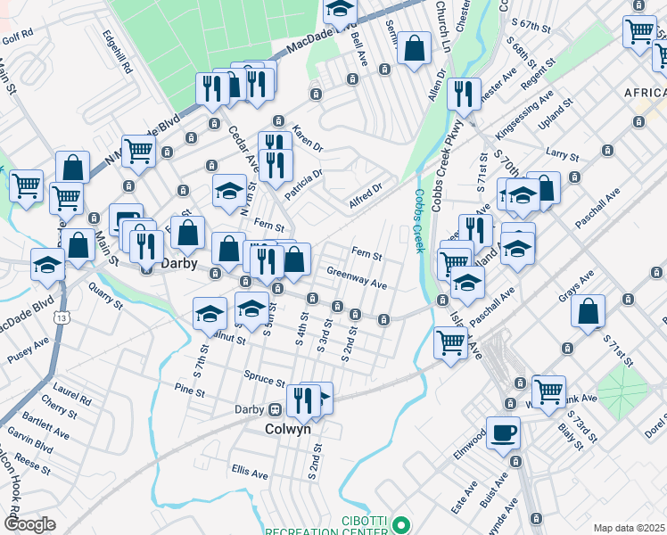 map of restaurants, bars, coffee shops, grocery stores, and more near 305 Greenway Avenue in Darby