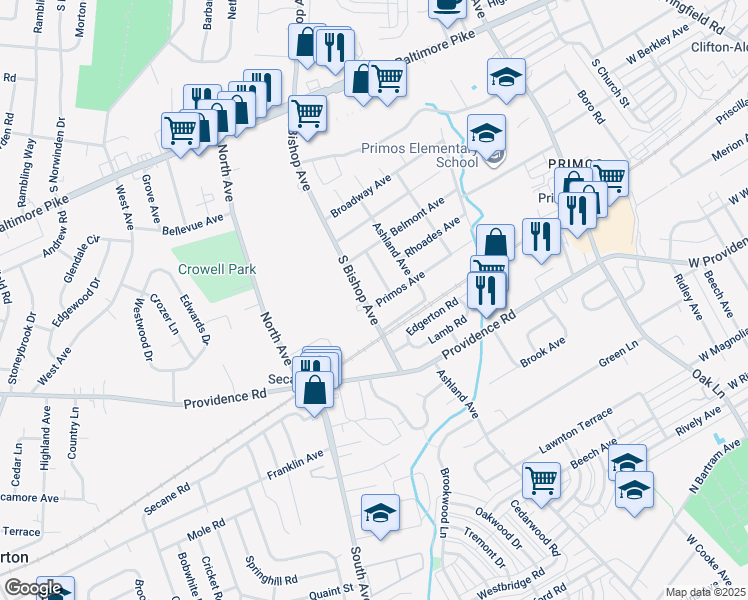 map of restaurants, bars, coffee shops, grocery stores, and more near 1117 Primos Avenue in Delaware County