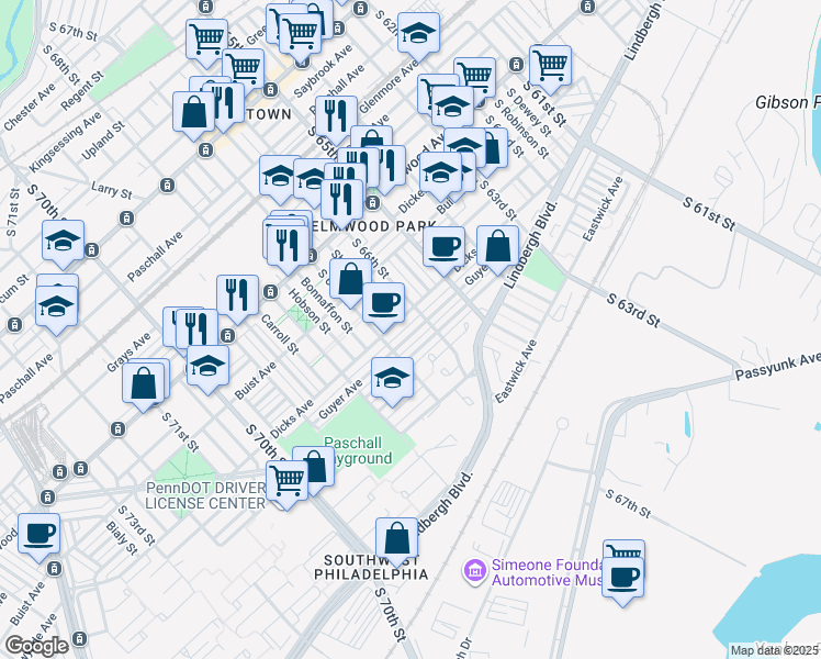 map of restaurants, bars, coffee shops, grocery stores, and more near 6643 Guyer Avenue in Philadelphia