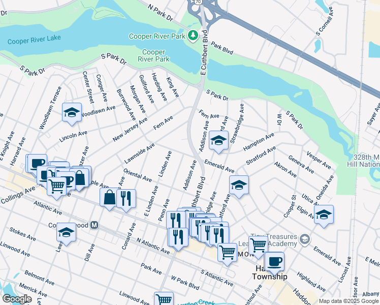 map of restaurants, bars, coffee shops, grocery stores, and more near 201 East Cuthbert Boulevard in Haddon Township