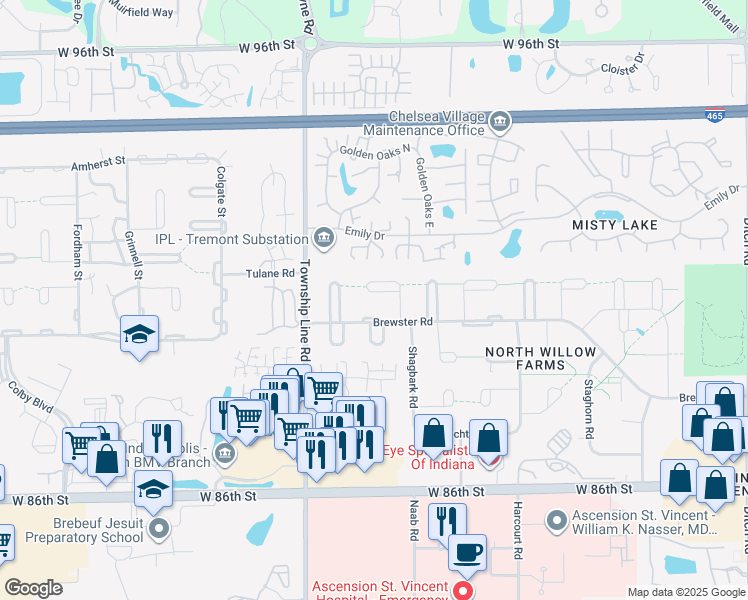 map of restaurants, bars, coffee shops, grocery stores, and more near 2220 Brewster Road in Indianapolis