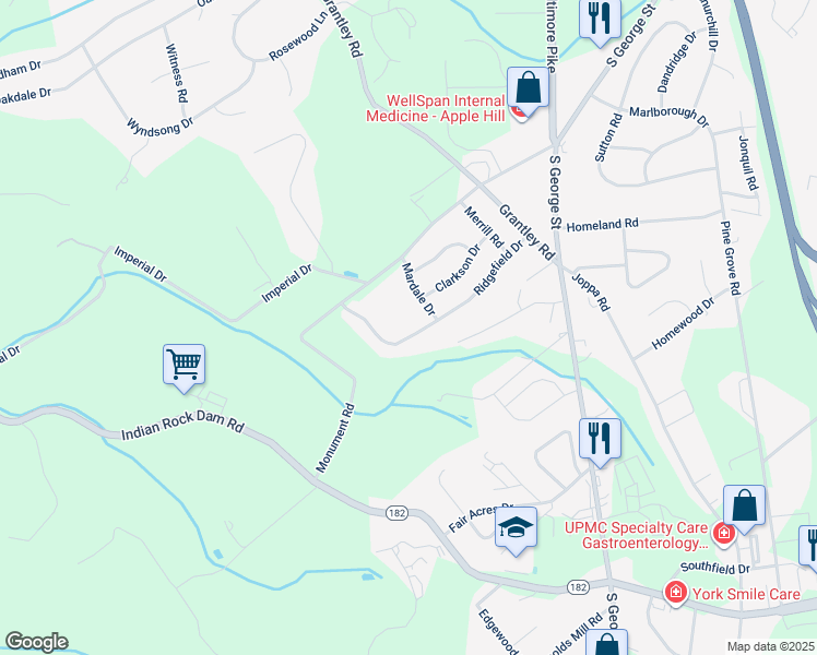 map of restaurants, bars, coffee shops, grocery stores, and more near 185 Ridgefield Drive in York