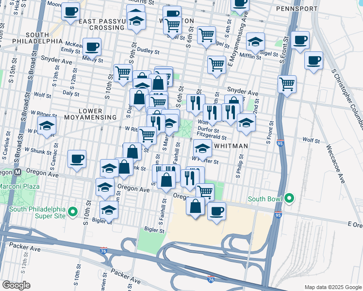 map of restaurants, bars, coffee shops, grocery stores, and more near 2422 South Reese Street in Philadelphia