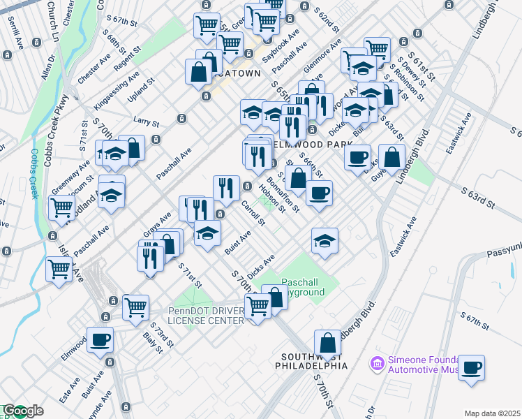 map of restaurants, bars, coffee shops, grocery stores, and more near 2548 South 68th Street in Philadelphia