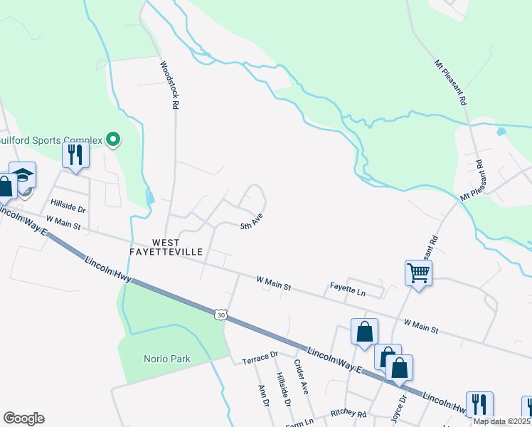 map of restaurants, bars, coffee shops, grocery stores, and more near 66 5th Avenue in Fayetteville