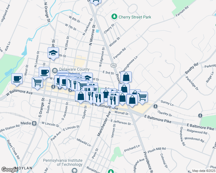 map of restaurants, bars, coffee shops, grocery stores, and more near 239 East Front Street in Media