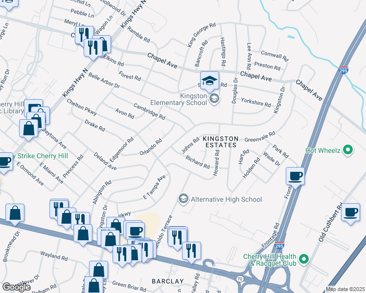 map of restaurants, bars, coffee shops, grocery stores, and more near 817 Johns Road in Cherry Hill