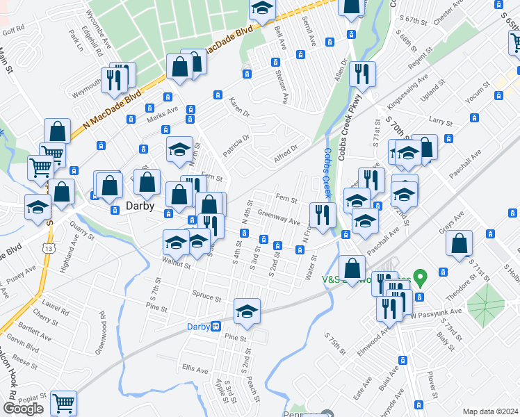 map of restaurants, bars, coffee shops, grocery stores, and more near 305 Greenway Avenue in Darby