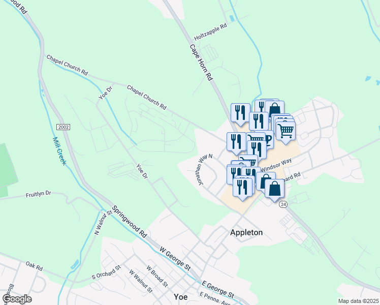 map of restaurants, bars, coffee shops, grocery stores, and more near 7 Chapel Way in Red Lion