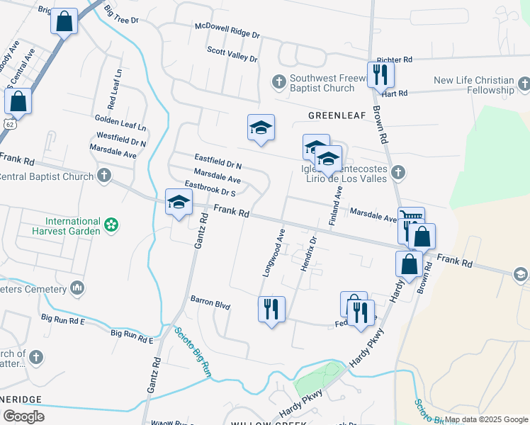 map of restaurants, bars, coffee shops, grocery stores, and more near 1590 Frank Road in Columbus