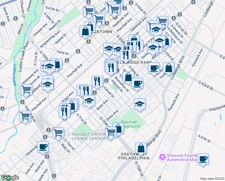 map of restaurants, bars, coffee shops, grocery stores, and more near 2548 South 68th Street in Philadelphia