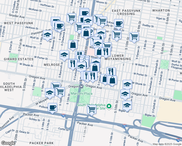 map of restaurants, bars, coffee shops, grocery stores, and more near 2540 South Clarion Street in Philadelphia