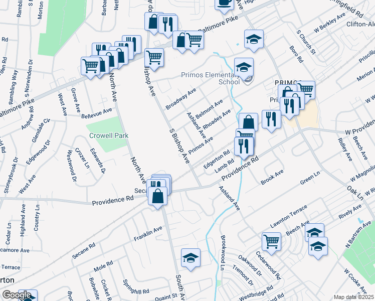 map of restaurants, bars, coffee shops, grocery stores, and more near 1117 Primos Avenue in Delaware County